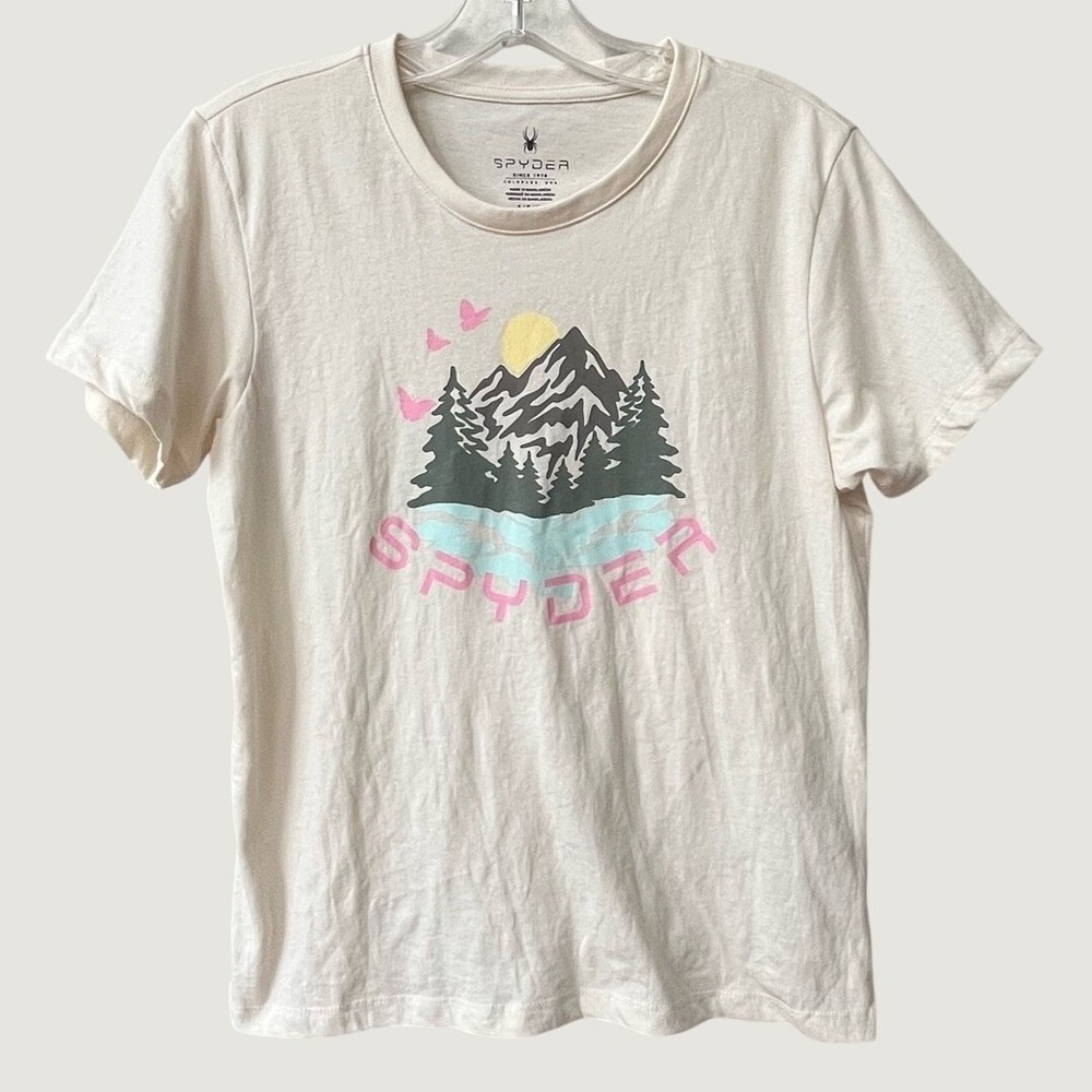 Spyder Womens Small Mountain Graphic Short Sleeve T Shirt Cream Outdoor Hiking